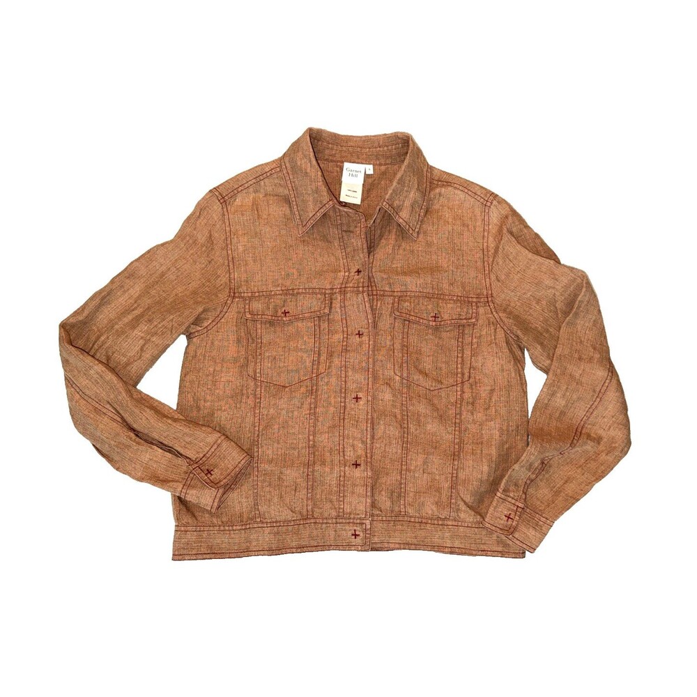 Garnet Hill Womens Blazer Jacket Linen Cropped Size 6 Brown Rustic Snap Button